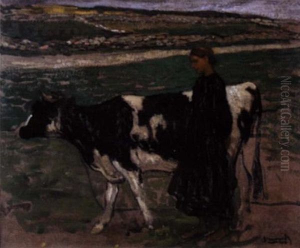 Fille De Pecheur A Quiberon Gardant Une Vache - view 1