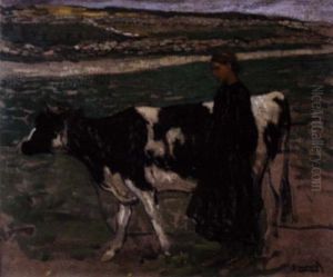 Fille De Pecheur A Quiberon Gardant Une Vache
