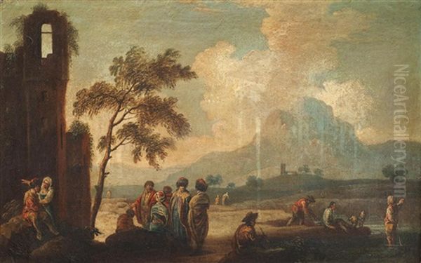 An Extensive River Landscape With Hungarian Figures Conversing In The Foreground - view 1