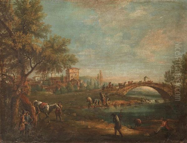 A River Landscape With Figures On The Banks, A Drover And His Flock Crossing A Bridge Beyond - view 1