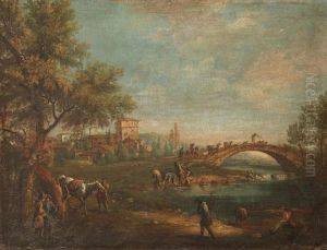 A River Landscape With Figures On The Banks, A Drover And His Flock Crossing A Bridge Beyond by Francesco Simonini