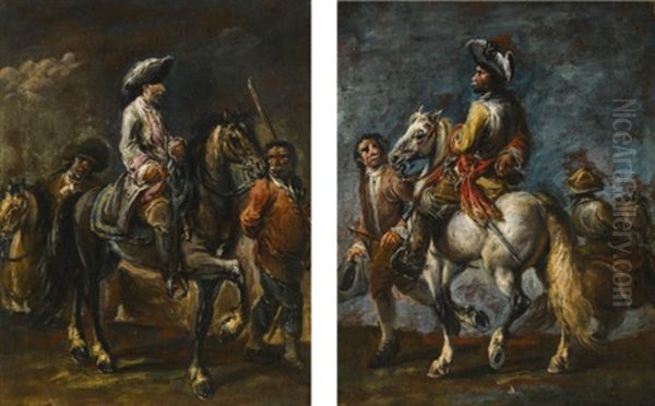 Cavalier Wearing A Red Sash, With His Groom; Cavalier In A White Coat - view 1