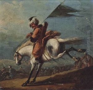 A Turkish Soldier On Horseback, Holding A Sword, A Battle Beyond; And A Turkish Soldier On Horseback, Holding A Flag, A Battle Beyond (pair) by Francesco Simonini