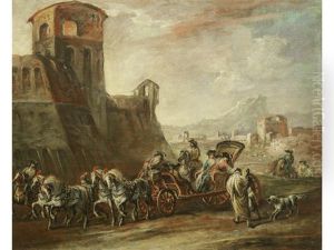 Elegant Figures In A Carriage Giving Alms To Peasants By A Castle, In An Open Landscape by Francesco Simonini