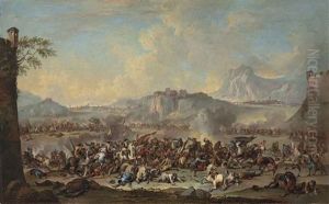 An Extensive Mountainous Landscape With A Battle Scene