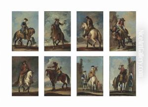 Individual Military Figures On Horseback, One On A Mule, Two Being Attended By Other Figures, Before Ruins (set Of 8) by Francesco Simonini