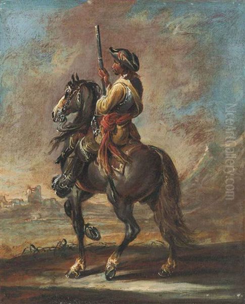 A Soldier On Horseback, A Mountainous Landscape With A Fortress Beyond - view 1