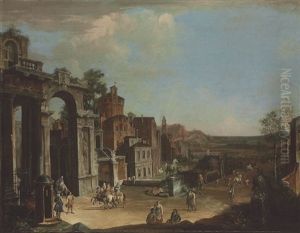 A Capriccio Landscape With Figures By A Town Gate (part Of Landscape Attributed To Francesco Marinari) by Francesco Simonini