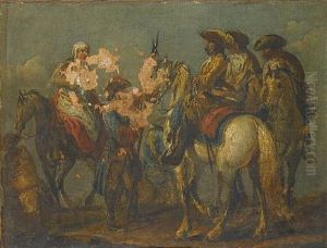 Cavalry Officers Consulting On A Plain (+ A Maid Attending Cavalry Officers; Pair)