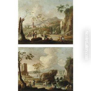Paesaggi Con Viandanti E Pescatori Presso Un Fiume (2 Works) by Francesco Simonini