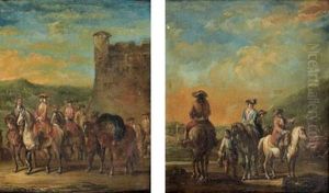 Cavaliers Devant Un Chateau Fortifie (+ Une Halte De Cavaliers Dans La Campagne Venitienne; Pair) by Francesco Simonini