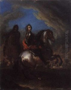 Ritratto Di Condottiero A Cavallo, Con Corazza E Mantello Rosso, Ed Un Cavaliere Al Suo Fianco by Francesco Simonini