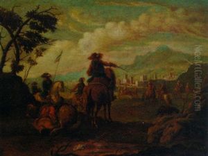 Cavalrymen Before A Town In A Landscape
