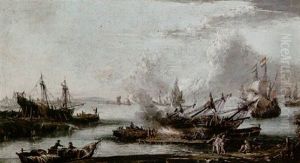 A Coastal Scene With Shipwrights Caulking A Ship's Hull, A Ship Under Construction In A Dry Dock, Figures In Foreground