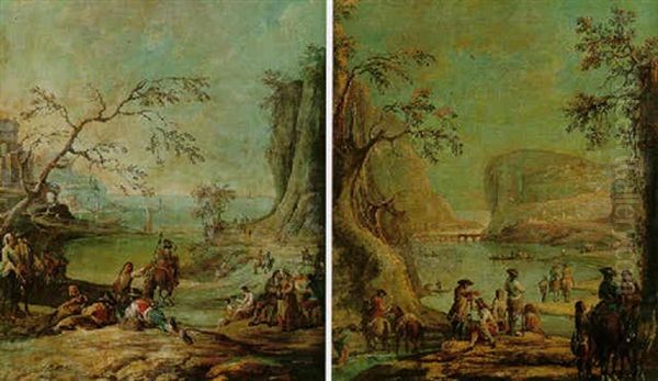 Paysage De Riviere Anime De Cavaliers Et De Promeneurs - view 1