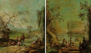 Paysage De Riviere Anime De Cavaliers Et De Promeneurs by Francesco Simonini