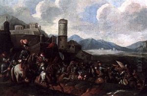 A Cavalry Skirmish Outside The Walls Of A Fortified Town