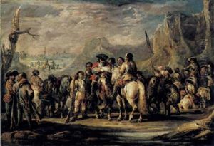 A Rocky Landscape With A Captain Giving Orders To A Group Of Military Figures