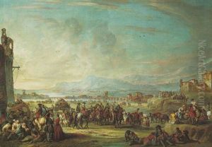 A Calvary Column Halted By A Town, An Aqueduct And Mountains Beyond by Francesco Simonini
