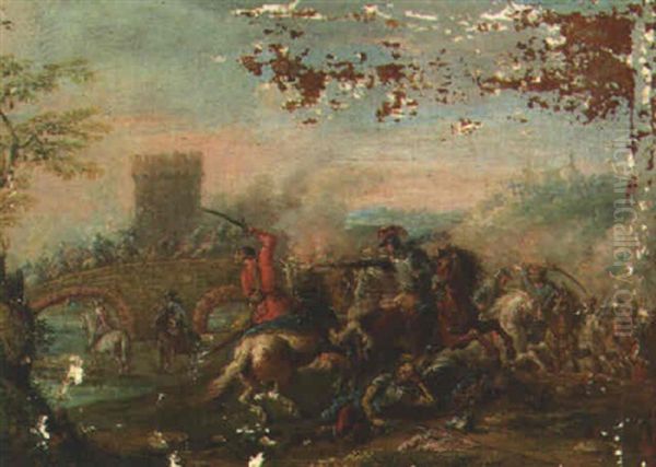 A Cavalry Engagment Near A Bridge - view 1