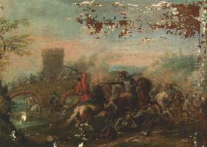 A Cavalry Engagment Near A Bridge by Francesco Simonini