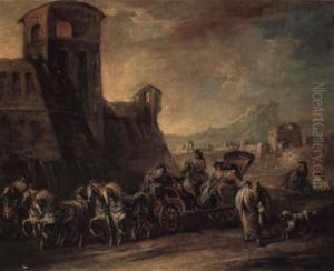 Elegant Figures In A Carriage Giving Alms To Peasants By A Castle by Francesco Simonini
