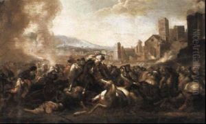 A Cavalry Battle Between Crusaders And Turks Before A Town by Francesco Simonini
