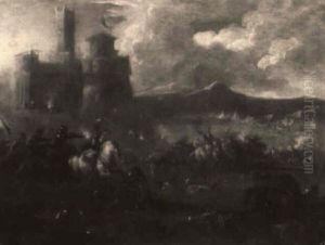 Battle Scene With Calvary Before A Castle, A Bivouac In The Distance by Francesco Simonini