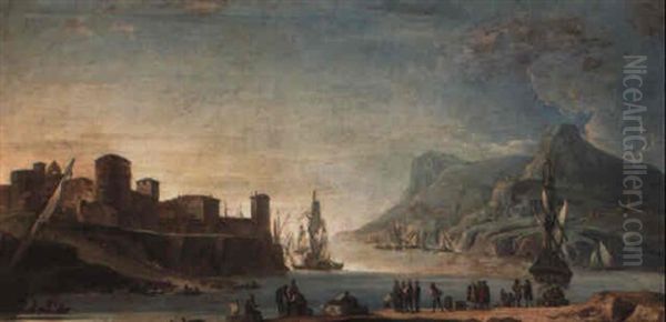 A Mediterranean Port With Fisherfolk And Travellers On A Quay - view 1