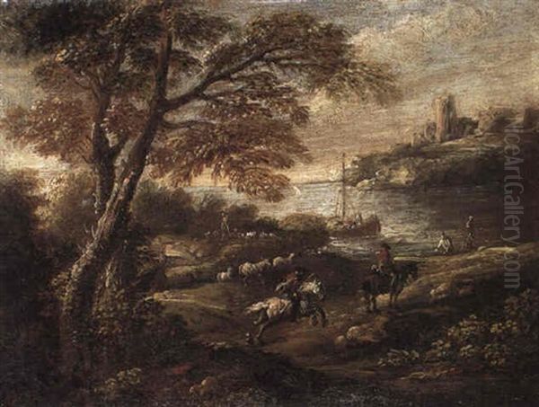 Horsement Approaching An Estuary - view 1