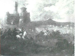 Battle Scene With Calvary Before A Castle, A Bivouac In The Distance by Francesco Simonini