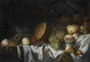 Grapes, Pears, Peaches, Mulberries, A Melon And Other Fruit With An Upturned Nautilus Beaker And A Fob Watch On A Draped Table by Michiel Simons