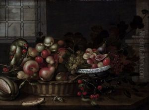 A Still Life With Pears, Apples And Peaches In A Wicker Basket, Grapes, Apricots, Figs And Cherries In A Wan-li Bowl, Together With A Parrot Eating Cherries, And A Melon And Hazelnuts On A Table, A Partial View Of A Window On The Left by Michiel Simons