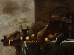 Still Life With Hare, Game, Lobster, Fruit And Wine Glasses by Michiel Simons