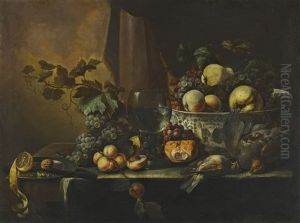 Still Life Of Fruits Including Peaches, Grapes, A Pear, And A Lemon With Assorted Game Arranged On A Table Ledge With A Roemer And A Porcelain Bowl by Michiel Simons