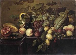 Plums, Peaches, Grapes, Melons, A Half Pomegranate, And A Peeled Lemon In A Glass, All On A Partially Draped Table by Michiel Simons