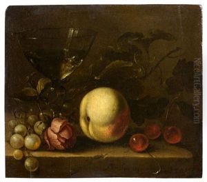 Composition Aux Cerises, Raisins, Rose, Peche Et Verre Sur Un Entablement