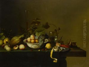 A Still Life With Fruit, Goblet And Lobster On A Wooden Table