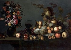 Nature Morte Au Bouquet De Fleurs Et Coupe De Fruits Sur Un Entablement