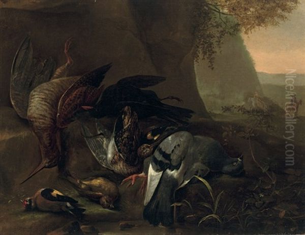 Game Including A Pigeon, Snipe, Jackdaw And Other Birds In A Wooded Landscape, Hunters Beyond - view 1