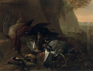 Game Including A Pigeon, Snipe, Jackdaw And Other Birds In A Wooded Landscape, Hunters Beyond