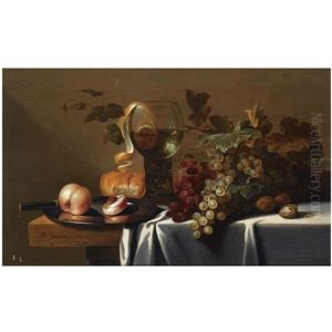 Still Life With Blue And White Grapes, Chestnuts, A Loaf Of Bread, Peaches And A Knife On A Pewter Plate, With A Peeled Lemon In A Roemer, All Arranged On A Partly Draped Table by Michiel Simons