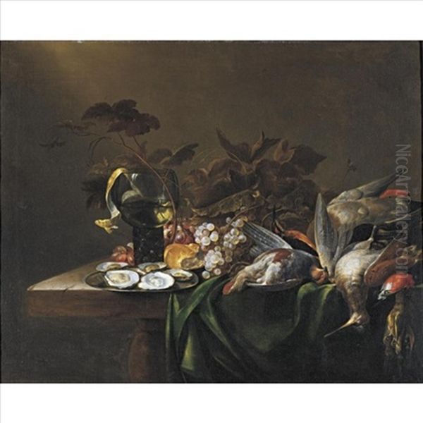 Still Life With Game Birds, A Plate Of Oysters, And Grapes, All Resting On A Draped Table - view 1