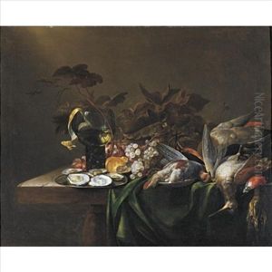 Still Life With Game Birds, A Plate Of Oysters, And Grapes, All Resting On A Draped Table