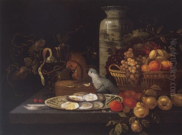 A Banketje Still Life With Fruit, Oysters And A Parrot Arranged Upon A Stone Table Top - view 1