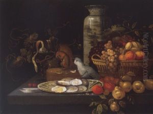 A Banketje Still Life With Fruit, Oysters And A Parrot Arranged Upon A Stone Table Top by Michiel Simons