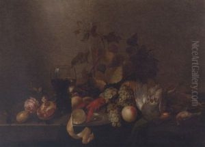 A Rose, A Pomegranate, A Glass Flute, Grapes, A Partly Peeled Lemon On A Silver Plate, A Roemer, A Lobster, Peaches, A Pheasant And Other Birds On A Partly-draped Table