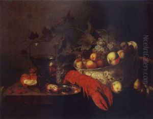 A Still Life With Grapes, Apples, And Peaches In A Wan-li Bowl, A Lobster, Crayfish On A Pewter Plater Together With Other Items On A Draped Table by Michiel Simons
