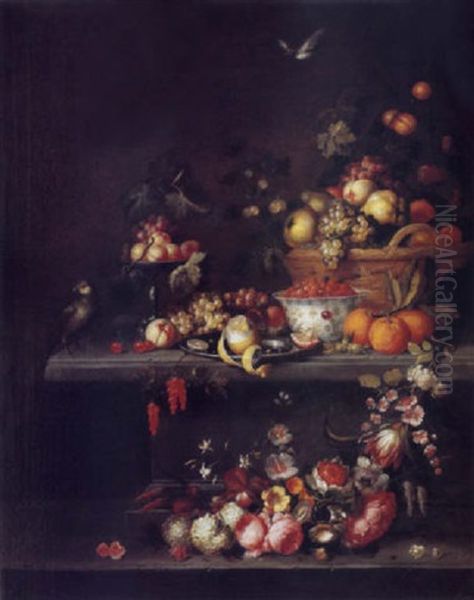 Fleurs Et Fruits Sur Un Entablement - view 1