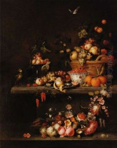 Nature Morte De Fleurs Et De Fruits Sur Un Entablement De Pierre